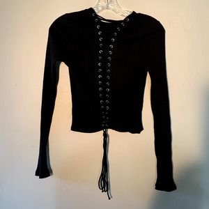 reversible black ribbed long sleeve shirt with a corset tie down the middle sz S